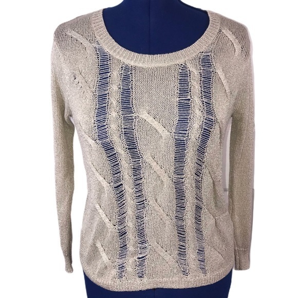 Rock & Republic‎ S cream/metallic distressed cable knit crew neck sweater - Picture 2 of 10